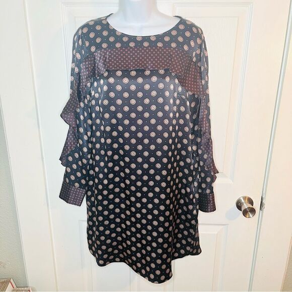 Banana Republic Foulard Ruffle Yoke Sleeve Shift Silk Dress Navy Burgundy 4 - Picture 6 of 11